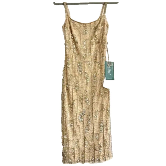 NWT Mac Duggal 10770 Beaded Square Neck Midi Dress Sz 4 Nude Gold - Picture 4 of 9